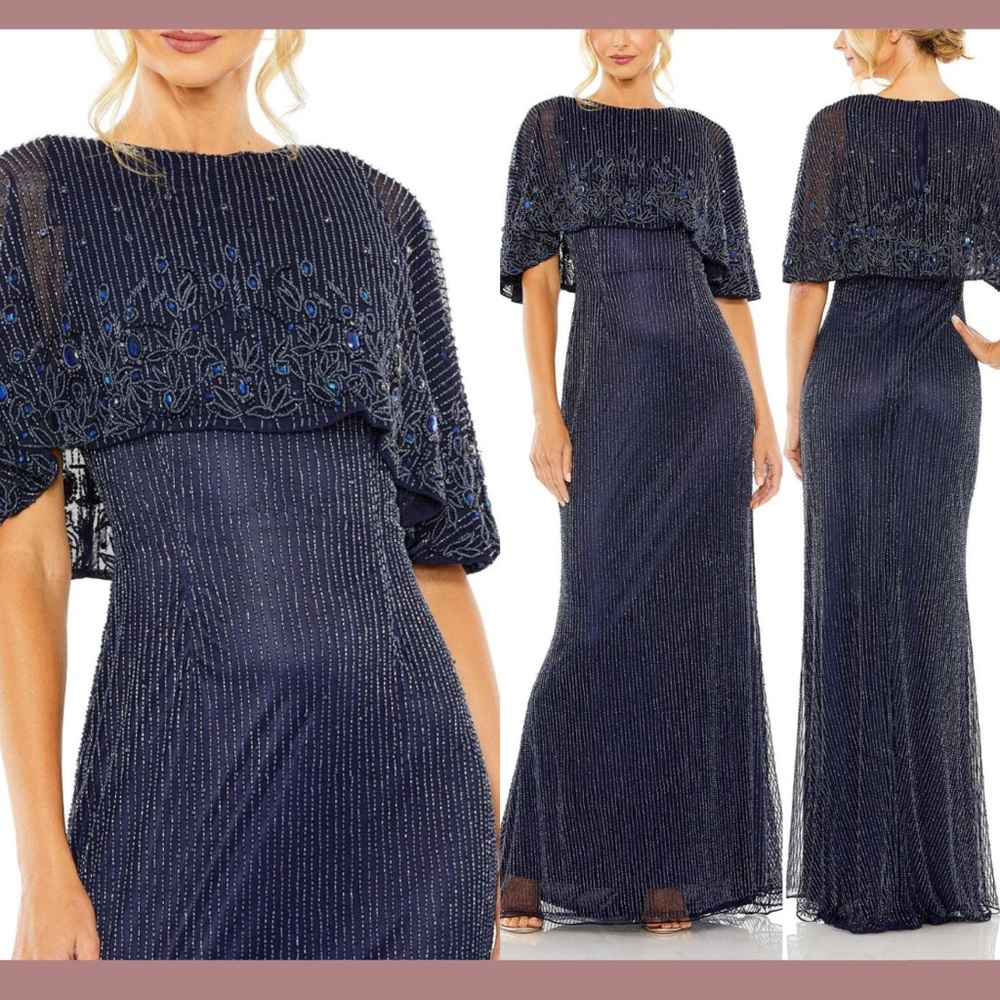 Navy High Neck Column Gown With Embellished Cape Sz 16